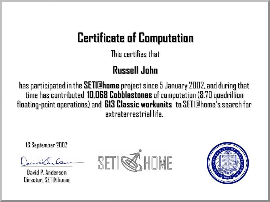 SETI@home Certificate