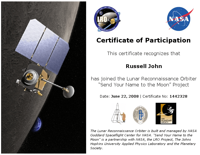 Lunar Reconnaissance Orbiter Certificate