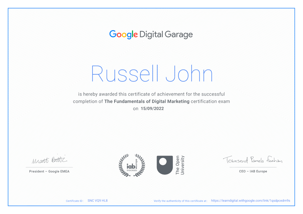 Google Digital Garage - Fundamentals of Digital Marketing Certificate - Russell John