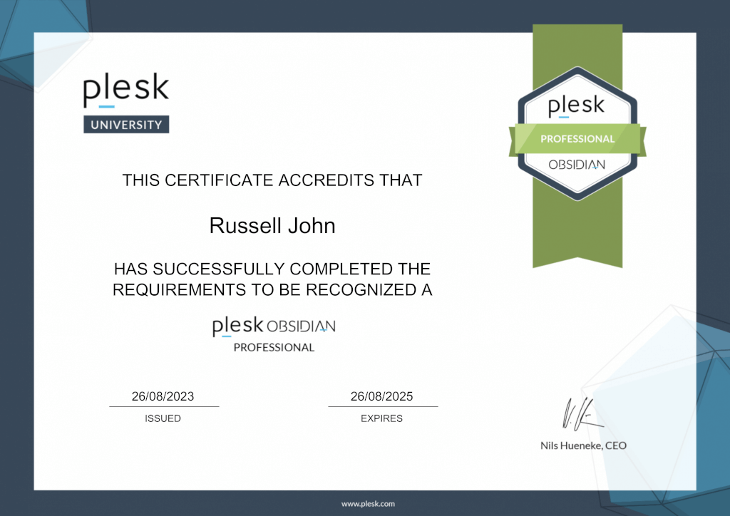 Plesk Obsidian Professional Certification - Russell John